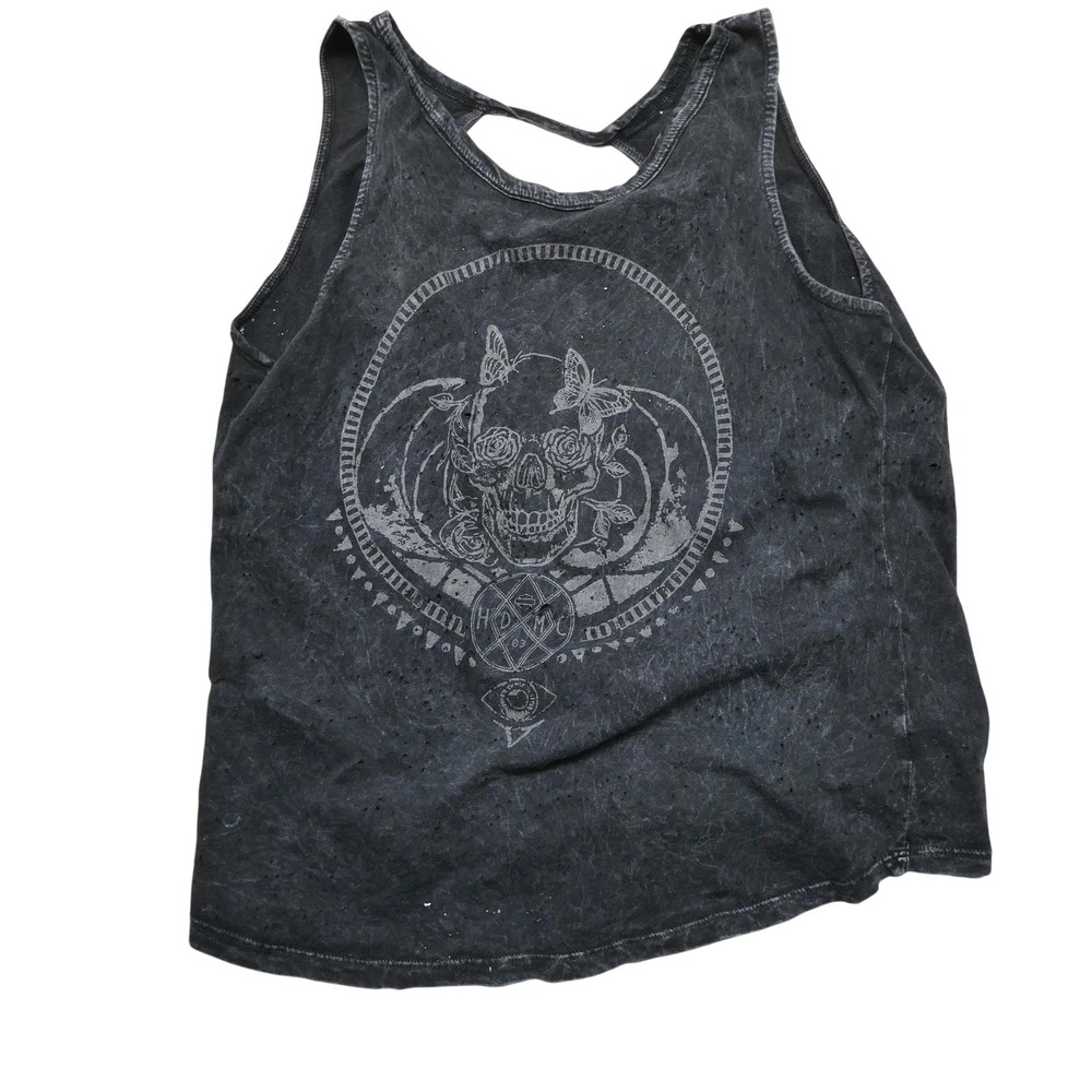 Harley-Davidson Tank Top Womens Medium Gray Skull Graphic Open Back Biker USA